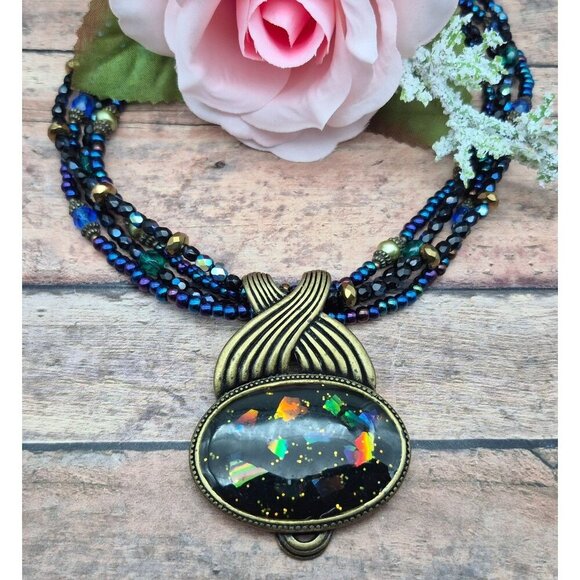 Chico's Multistrand Peacock Iridescent Bead Pendant Necklace Statement Whimsey - Picture 1 of 8